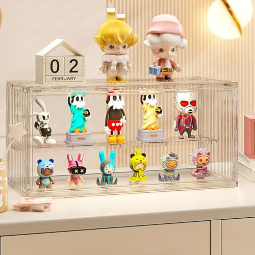 Acryl Vitrine für Pop Figuren,Staubdichte Schaukasten Glasvitrine, Vitrine Klein mit Tür Für Action Figuren Spielzug MiniFiguren Sammelfiguren,Selbstmontage（1 Stück,2 Etagen,34x16x18cm