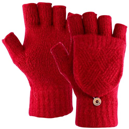 Risipu Fingerlose Handschuhe mit Klappdeckel für Damen, weich, Winter, Halbfinger-Handschuh, Touchscreen, warm, fingerlos, gestrickte Fäustlinge für Damen