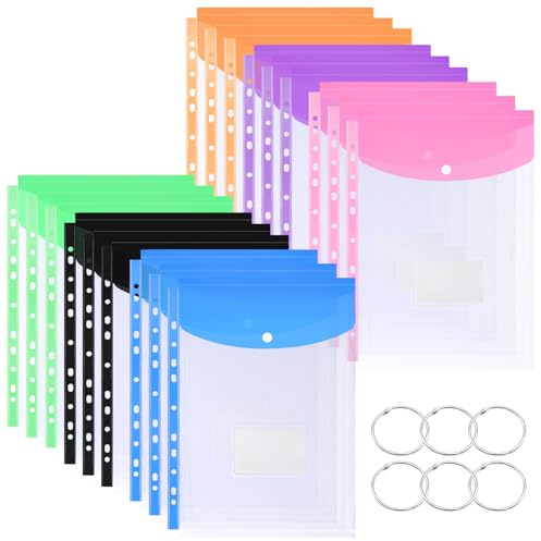 18 Pack Plastic Wallets A4 Punched Pockets, Expandable Folders Plastic Document Files with Button, Tab Card, and 6 Binders for School, Home（6Colors）