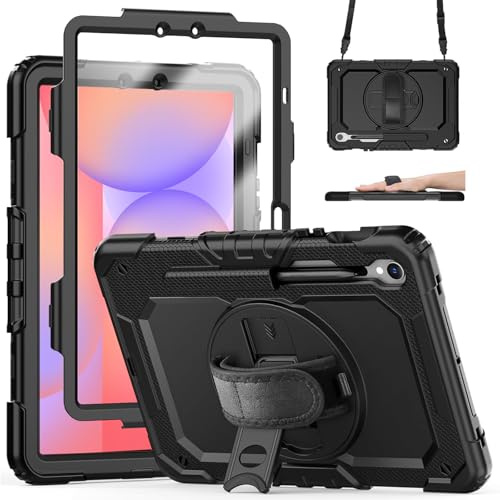 Junfire Case for Samsung Galaxy Tab S10 Lite / S10 FE / S9 FE 10.9 Inch 2025, Shockproof Rugged with Screen Protector Rotating Stand Hand & Shoulder Strap for Samsung S10 Lite Tablet Case, Black