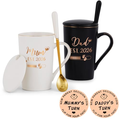 Joymaking New Parents Gifts Mug Set Dad and Mum Loading 2026 Gifts for New Parents with Decision Coin, Frist Time Mummy Daddy Gift for Mothers Day Birthday, 14 Oz Black and White
