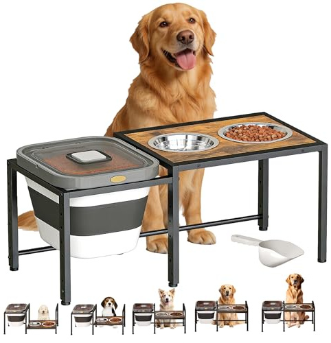 Elevated Dog Bowl with Storage Container - 2-in-1 Raised Dog Bowl Stand with 2 Stainless Steel Food Bowls，30 lb Dog Food Storage Bin for Large Breed Dogs, Adjustable Height Feeding Station