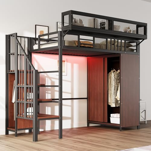 Merax Metall-Hochbett 90×200 cm, mit Kleiderschrank, LED-Beleuchtung, und abnehmbaren Regalen, platzsparendes Loftbett, Schwarz (ohne Matratze)