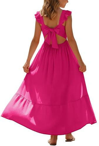 Happy Cherry - Filles Robes Longues Été Col Carré à Manches Volants pour Vacances Plage École Fille Ado Robe de Princesse Dos Nu à Nœud Enfants pour Fête Mariage Anniversaire - Rose foncé - 9-10 Ans