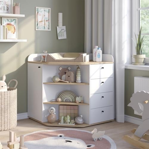 Vicco Wickelkommode Aria, Weiß, 85 x 90 cm | mit Regalen und 4 Schubladen, geeignet als Wickelstation für Babys und Kleinkinder