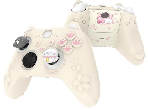 PlayVital Silikon Hülle für Xbox Series X/S Controller, Schutzhülle | Case für Xbox Core, mit 3D-Katzenohren, Thumb-Grip-Kappen, Aufkleber, Rutschfest, Süßes Kätzchen-Design, Antikgelb