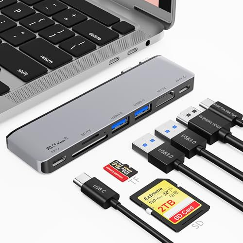 Hub USB C para MacBook Pro/Air M5 M4 M3 M2 M1 2025-2018 33.0 cm 35.6 cm 38.1 cm 40.6 cm, adaptador multipuerto 7 en 2 MacBook con HDMI 4K a 60Hz, Thunderbolt 3, puertos USB C y A, ranura para tarjeta