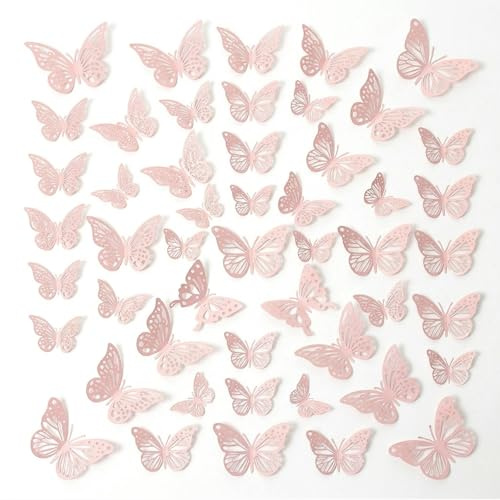 JOVYTH 48 pezzi Decorazioni Farfalle, 3D Farfalle Decorazione per la Casa e la stanza, farfalle decorative adesivi da parete per camera da letto soggiorno, feste di compleanno e festa (Rosa)