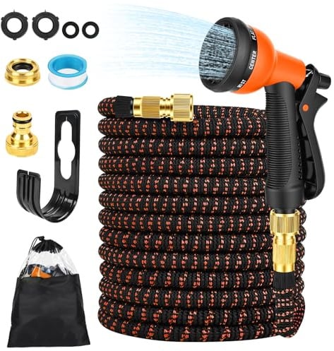 PUTINEI Tubo Acqua Giardino Flessibile Estensibile 30m Doccetta Attacco Rubinetto 1/2 e 3/4 con 8 Funzioni con Custodia Portagomma per Giardino Camper Campeggio Lavanderia Animali (Arancione)