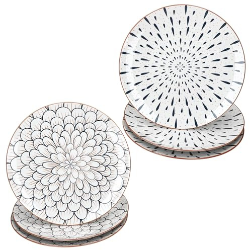 MamboCat Yama - Set di 6 piatti piani, diametro 27 cm, in gres con decorazione floreale e a forma di goccia, in blu scuro, bianco e marrone, piatti piani grandi