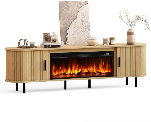 Quiniver 80 Curved Fluted TV Stand With Electric Fireplace Natural Oak | Dual heat settings, realistic log flames, auto timer, concealed storage, easy clean surface, elevated legs for vacuum, UKCACE