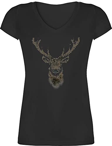 T-Shirt Damen V Ausschnitt - Weihnachten Geschenke Christmas Bekleidung - Hirsch Pixel - M - Schwarz - trachtenshirt weihnachtsoutfit weihnachtsmotiv Tracht Shirts weihnachtsshirt weihnachtsshirts