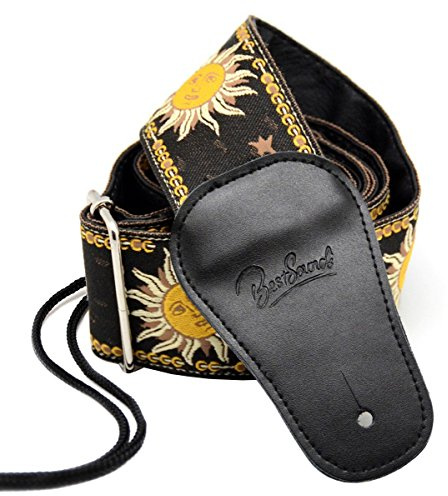 BestSounds Guitar Strap Genuine Leather Ends & Sun Jacquard Weave Style Strap For Bass, Electric & Acoustic Guitars