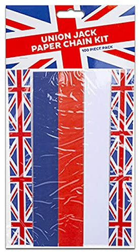 Union Jack Paper Chain Kit - Pack of 100 Assorted Red, White, Blue & Union Jack Strips of Paper for DIY Paper Chains - United Kingdom King's Coronation Street Party Decoration