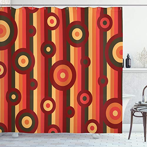 ABAKUHAUS Retro Duschvorhang, Kreis-Punkte Stripes Kunst, Stoffliches Gewebe Badezimmerdekorationsset mit Haken, 175 x 180 cm, Rubin Beige