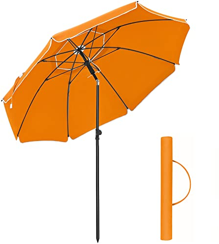SONGMICS Sonnenschirm 160 cm, Sonnenschutz, UPF 50+, Strandschirm, beidseitig um 30° knickbar, höhenverstellbar, mit Tragetasche, für Balkon, Garten, Terrasse, Strand, ohne Ständer, orange GPU60OG