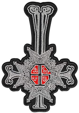 Ghost BC Papa Emeritus Grucifix Kreuz Heavy Metal Doom Hard Rock Band bestickt Aufnäher, Silber/Rot, 3.4 x 4.9