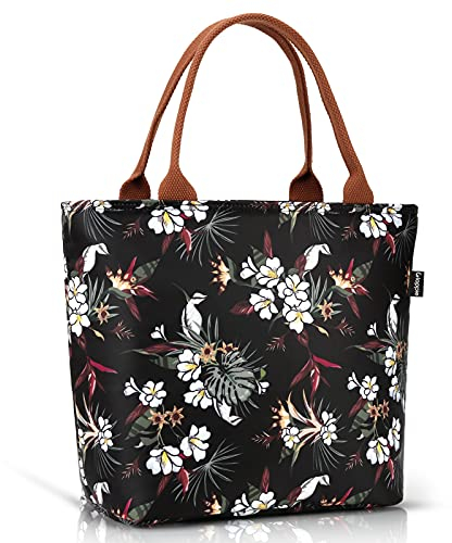 Gloppie Urban Food Bolsa Térmica Porta Alimentos Bolsa de Almuerzo con Aislamiento Porta Sandwich Reutilizable Nevera Pequeña Portatil para Mujer, 9L Flor Blanca
