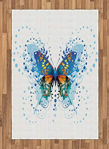 ABAKUHAUS Schwalbenschwanz-Schmetterling Teppich, Curls Dots, Deko-Teppich Digitaldruck, Färben mit langfristigen Halt, 120 x 180 cm, Blau Türkis orange