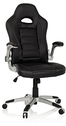 hjh OFFICE 621891 Silla Gaming Game Sport Piel sintética, Negro, Silla giratoria, Apoyabrazos Plegables