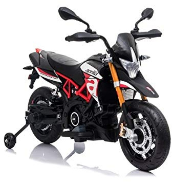 Moto elettrica per bambini Aprilia Dorsoduro 12V – Licenza ufficiale, 2 motori da 45W, luci LED, ruote EVA, suoni realistici, sedile in pelle – Enduro sportiva 3-6 anni