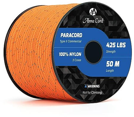 Abma Cord Paracord 3mm 30M 100% Nylon Seil Paracord 425 Typ II Schnur mit 3 Kern für Basteln, Camping, Survival - Max. 192kg (425lbs) - Reflektierende Orange