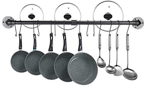 Homtone Estante para utensilios de cocina de 100 cm, estante industrial para ollas, colgador de sartenes desmontable montado en la pared, estante negro con 14 ganchos en S desmontables