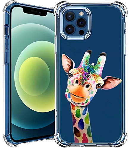 MAYCARI Cute Painting Giraffe Case Clear for for iPhone 12 Pro 6.1 Inch, Art Animal Pattern Transparent Shockproof Anti-Scratch Soft TPU Cover with Air Cushion for Men&Women