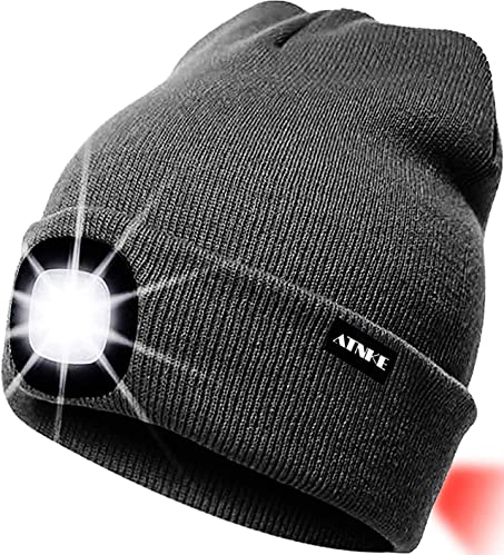 ATNKE 8LED beleuchtete Strickmütze, wiederaufladbare USB-Scheinwerferkappe mit extrem Heller, wasserdichter Lampe und Blinkender Alarm Rotes Rücklicht Multi-Color/Dark Grey