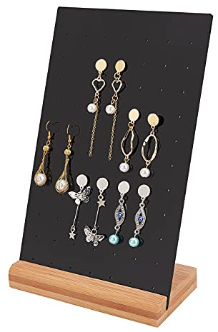 PandaHall Acryl Ohrring Display Pegboard, 77 Löcher Schwarz Ohrring Halter Ständer Schmuck Organizer Schmuck Display Rack mit Naturholz Basis für Einzelhandel Ohrring Stifte Schmuck Display, 24x15cm