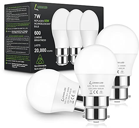 LOHAS-LED B22 LED Bayonet Light Bulbs, 7W G45 Golf Ball Bulb, Warm White 3000K LED Bulbs, 60W Incandescent Equivalent, 600LM, Non-Dimmable, Energy Saving Light Bulbs, 220-240V, Pack of 3