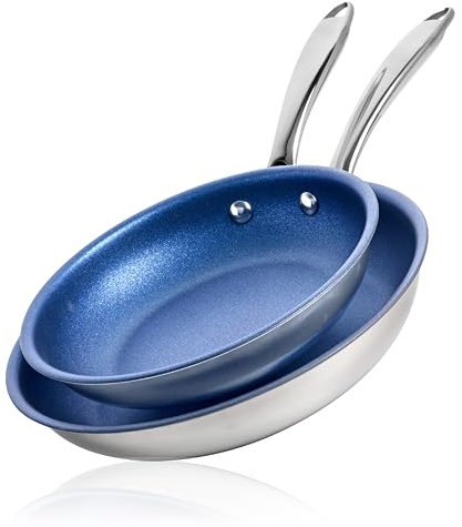 Granitestone Juego de sartenes antiadherentes de acero inoxidable, base de tres capas, sartenes de acero inoxidable de 10 y 11 pulgadas con revestimiento mineral antiadherente, 100% libre de PFOA,