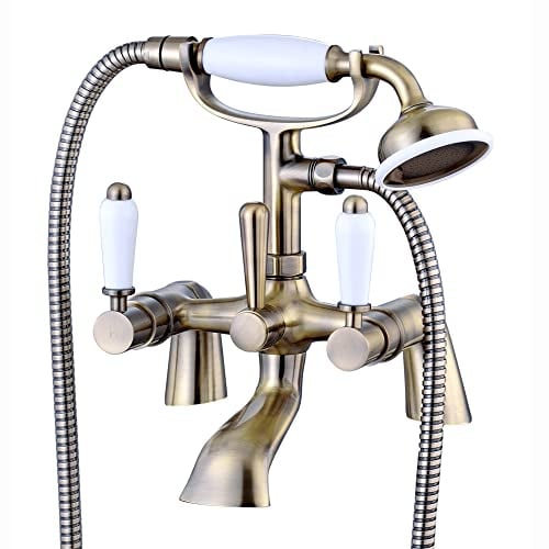 ENKI, Downton, BT0808 Bath Shower Mixer Tap with White Ceramic Levers Antique Brass