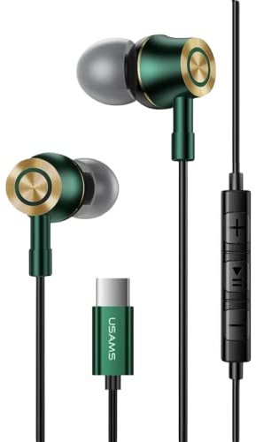 USAMS Type C Kopfhörer Noise Cancelling Ohrhörer in Ear kopfhörer für OnePlus Nord 8T, Samsung S21/ S20 FE/Note 20 Ultra/ S20, Huawei P30Pro/P40Pro, Google Pixel 3XL/4 XL/5 (Grün)