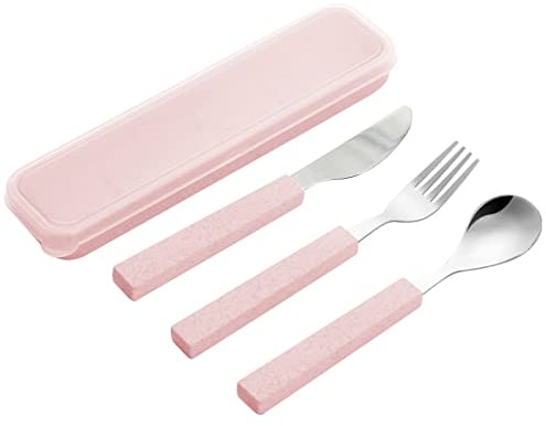 VANRA Kinderbesteck Set Edelstahl poliert und spülmaschinenfest,3 Stück Kinderbesteck Set-1 x Messer,1 x Gabel,1 x Löffel mit Reiseetui (Rosa)