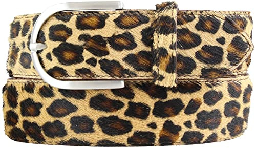 BELTINGER Damen-Gürtel mit echtem Fell 4 cm | Fell-Gürtel für Damen 40mm | Kuh-Ledergürtel mit runder Dornschließe | Leo 95cm
