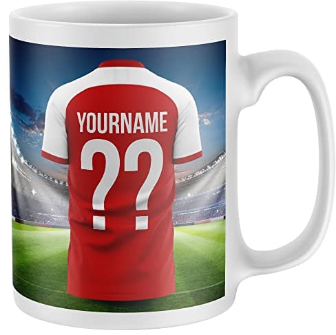 Personalised Football Supporters Mug - Kit Shirt Name and Number Coffee Cup, All Teams and Colours. Fan Gift Idea for Mum, Dad, Son, Daughter - One Size, Red White