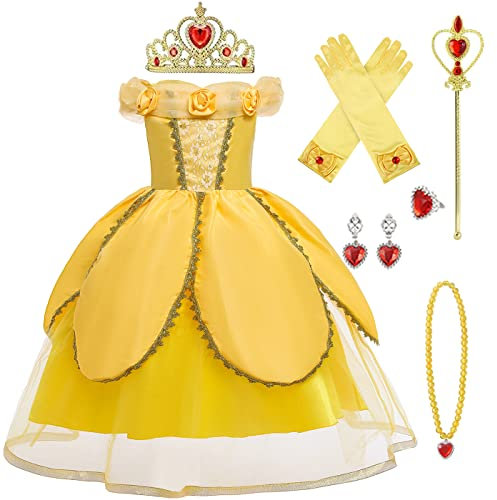 LOBTY Girls Princess Belle Dress with Accessories Beauty and the Beast Princess Costume Kids Fancy Party Dress Birthday Christmas Holiday Halloween Carnival Cosplay Dress up