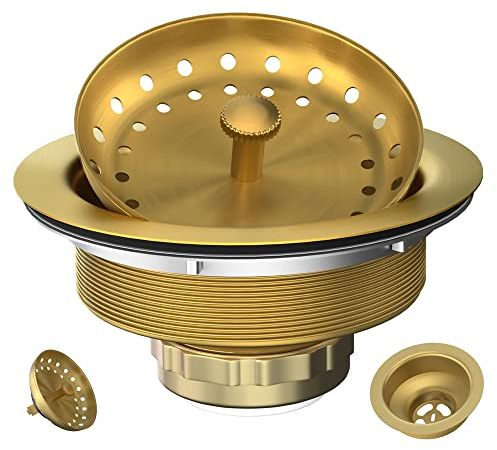 EXAKEY Kitchen Sink Drain Gold Sink Drain Strainer with Fixed Post 8.9 cm Kitchen Drain Assembly with Strainer Basket and Drain Plug for Standard Kitchen Sink, Brushed Stainless Steel, Gold