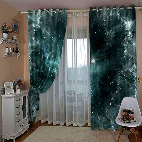 ZAPVI Fenster Vorhang Schlaufen-Vorhang Blau & Stern Wolf Dekorative Gardine Schlaufenschal Fenster-Schal 2er Set Größe:2 x B110 x H215cm