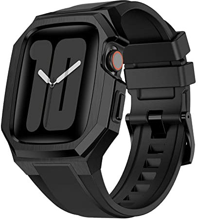 QANXGOG Compatible avec Apple Watch Bracelet Series 8 7 45mm and SE 6 5 4 44mm, Bracelets de Montre en Silicone Bracelet en Acier Inoxydable avec Boîtier en Métal pour Homme,Black,44mm