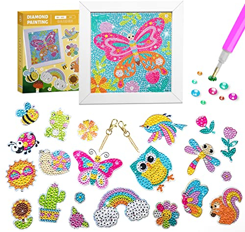 Zimrobin Diamant-Malerei Kinder Mädchen mit 1 Diamond Bilder(15X15CM), 25 Diamond stickers und 2 Diamant-Malerei Schlüsselanhänger (Schmetterling)