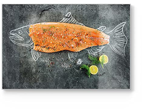 DEQORI Schneidebrett aus Glas | groß 30x20 cm | Motiv Fischfilet mit Gewürzen | Design Schneideplatte für Küche | Frühstücksbrett antibakteriell & rutschfest | Glasplatte & Servierplatte