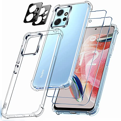 Ferilinso Handyhülle für Xiaomi Redmi Note 12 4G Hülle, Drop Protection Silikon Zubehör Transparent Case, Mit 2 Stück 9H Panzer Schutz Glas Schutzfolie 2 Stück Kameraschutz, Kratzfeste Schutzhülle