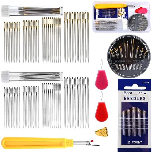 ENCHOL 137Pcs Large Eye Hand Sewing Needle Set, Large Eye Stitching Needles, Embroidery Needles with Needle Threaders, Stitch Remover & Thimble, Bottle Included