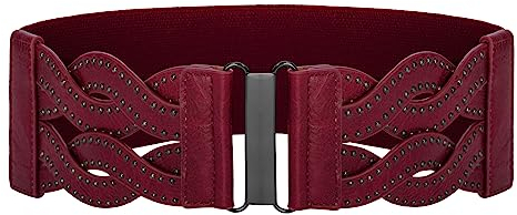 GRACE KARIN Damen Elastischer Vintage Gürtel Stretchy Retro Wide Waist Cinch Gürtel, Weinrot mit Nieten, M
