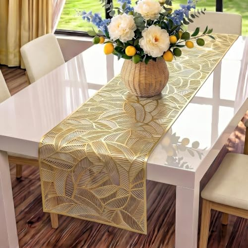 FAVE Goldfarben Tischläufer 180 cm, Blatt-Ausschnittdesign | Hitzebeständig, wasserfest, waschbar, PVC Tischläufer für Hochzeit, Bankett, Geburtstag, Party, Feiertag & Hausdekoration.