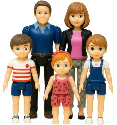Family Dollhouse People - Bendable Doll House People Figures - 5 Poseable Action Figures Incl. Mom, Dad, Sister, Brother, & Toddler - Small Dolls for Doll-house Designed to Fit Standard Dollhouses