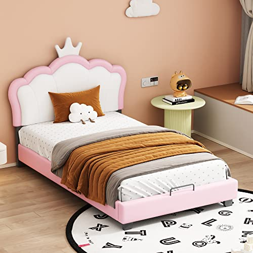 Azkoeesy Lit pour enfant 90 x 200 cm avec sommier à lattes et couronne sur la tête de lit, lit pour adolescent, fille et fille, housse en polyuréthane, rose et blanc