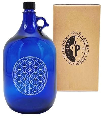 SELECTION ·1948 · ALBERTS · PREMIUM ALBERT PFÄFFLE Glasballon blau 5 Liter, Henkelflasche aus Blauglas mit Veredelung Blume des Lebens (VPE 8 Stück)